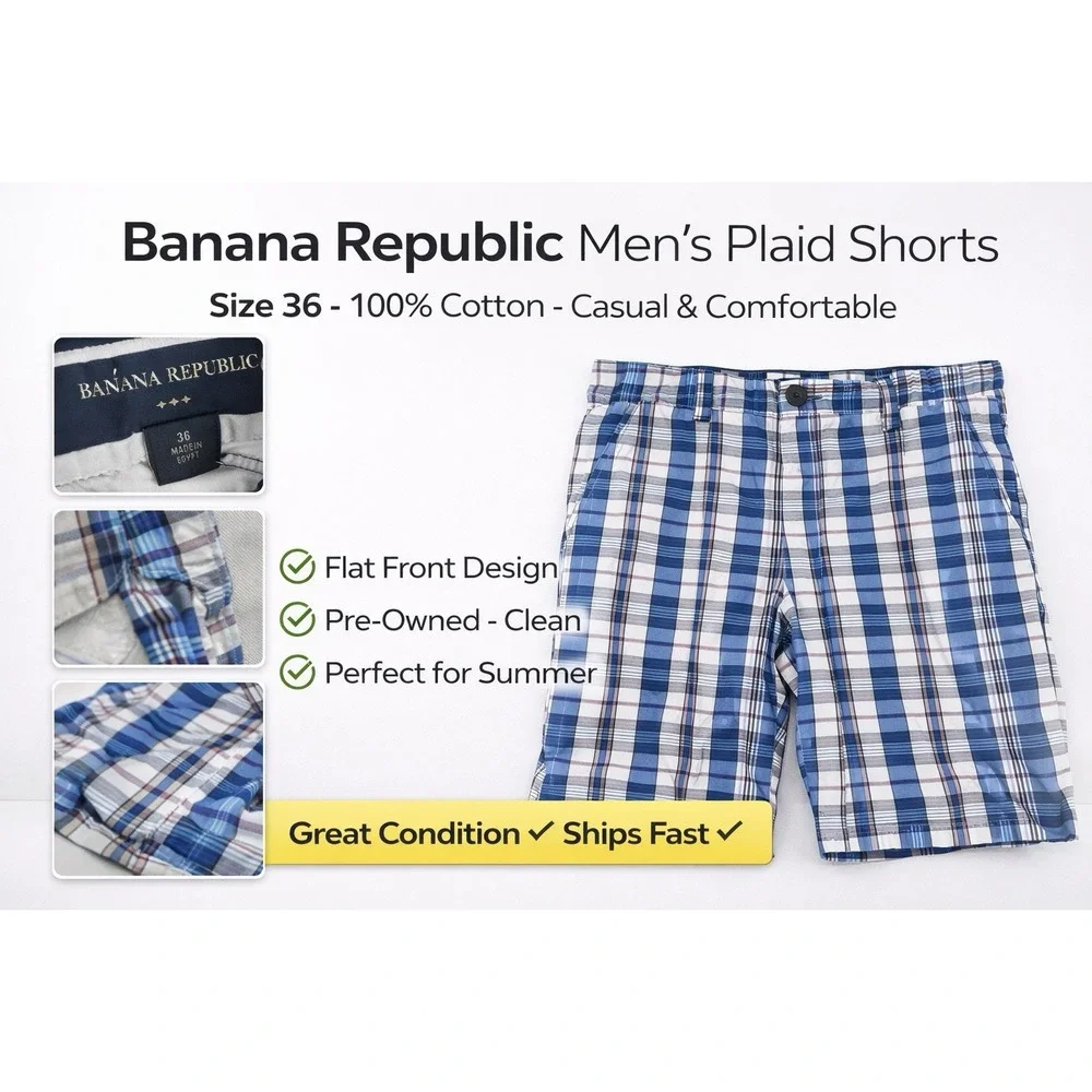 Banana Republic Mens Plaid Shorts Size 36 Cotton Blue Casual Flat Front